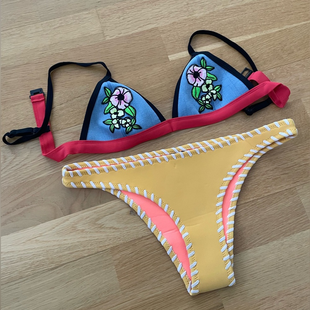 Triangl Floral Jean Top and Yellow Cheeky bottoms + matching bag